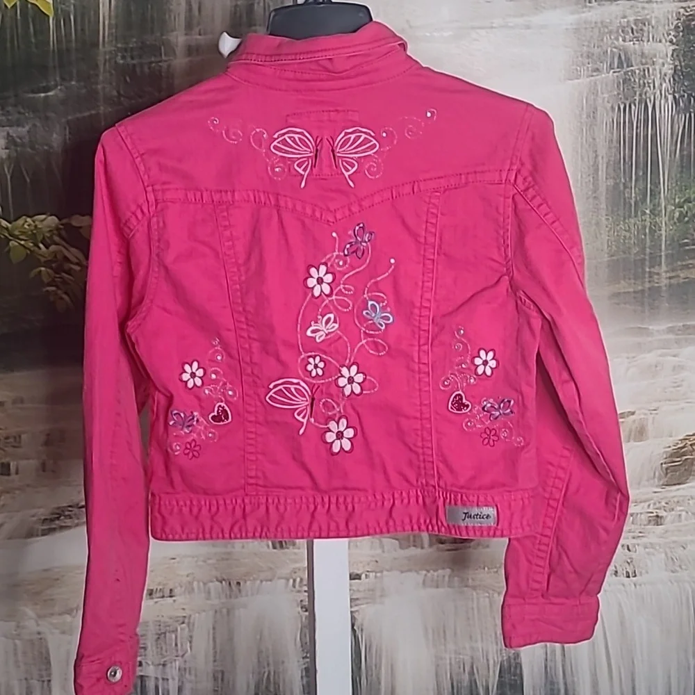 Justice Girls 14 hot pink denim jean jacket sparkly fun embroidered Love